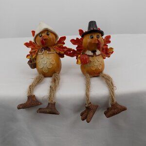 Thanksgiving Turkey Pilgrim Shelf Sitter Acorn Body Orange Leaf Feathers Couple